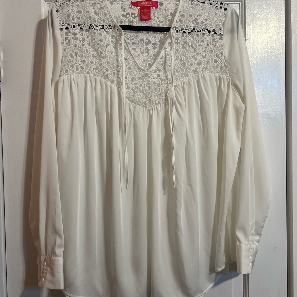 #70 CATHERINE MALANDRINO WHITE LACE YOKE BLOUSE BOHO PEASANT TOP SIZE LARGE - Picture 3 of 10